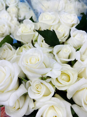 Elegant Bouquet of White Roses with Fresh Green Leaves - Close-Up Shot