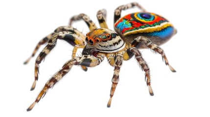 Fototapeta premium Vibrant and colorful spider with eight legs stands out against a clean white background, showcasing its wild and fascinating nature