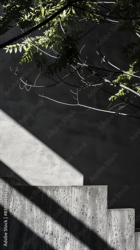 Poster sunbeams and shadows on a concrete wall - sunlight creates a diagonal pattern of light and shadow on