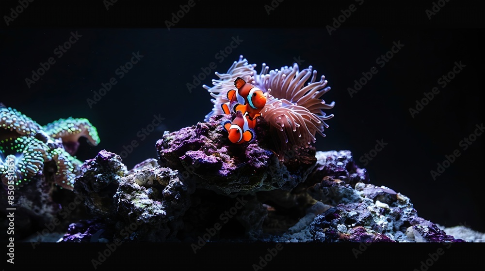 Wall mural Sea anemone and clown fish in marine aquarium On black background : Generative AI