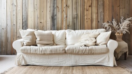a linen-covered sofa adorned with pillows against a rustic wooden wall in a sunlit living room.