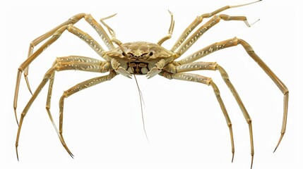 Large spanner crab is spreading its long, spindly legs on a bright white background, showcasing its unique anatomy