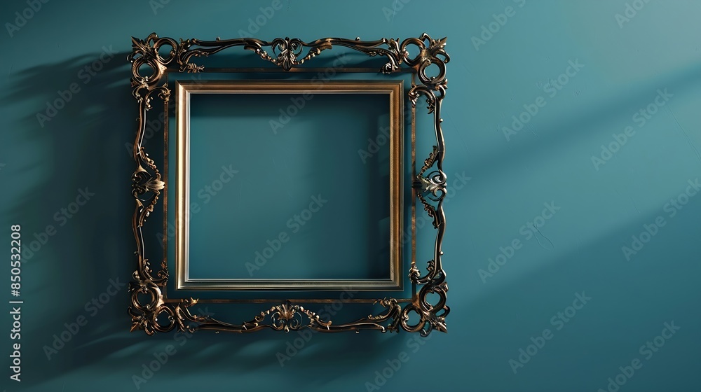 Poster vintage openwork bronze metal frame on a blue wall background empty picture frame mockup : generativ