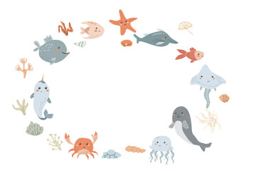 Cute marine frame with sea animals, shell, dolphin and other ocean inhabitants. Nursery pastel design. Childrens sea animals background.