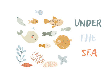 Childrens sea animal background with shell. Nautical elements card. Cute fish or ocean inhabitant with seaweed, shells. Sea wild life, marine animals background with plants for cover design, cloth