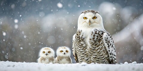 Snowy owl with young chicks sitting in snow during a slow fall in the Arctic Circle, Snowy owl, chicks, snow, Arctic, circle