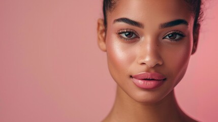 Fototapeta premium Close-up portrait of a beautiful black woman with flawless skin and natural makeup on a pink background. Ideal for beauty, skincare, and cosmetic promotions.