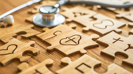 Medical icon on wooden puzzle for global health care with open background