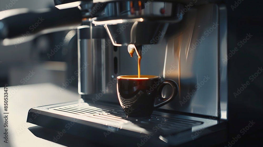 Poster coffee machine filling a cup with making coffee by coffee machine into cup espresso coffee coming ou