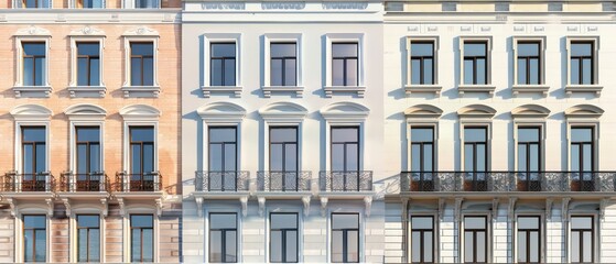 Fototapeta premium A charming European building facade featuring ornate windows and a balcony, blending traditional design with the allure of an old-world city atmosphere