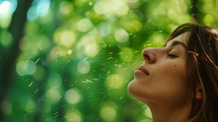 Fototapeta premium Profile of a relaxed woman breathing fresh air in a green forest : Generative AI