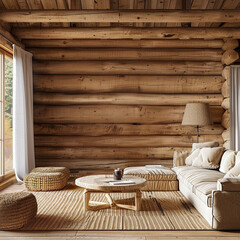 Log cabin style living room with blank wall for product display and mockup