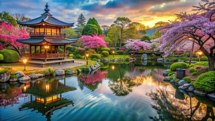 Relaxing Japanese park with cherry blossoms, pagoda, koi pond, and lanterns, Japanese, park,cherry blossoms, pagoda - Powered by Adobe