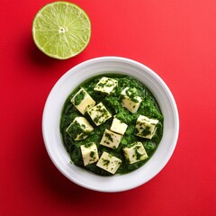 Obraz premium Indian healthy cuisine food palak paneer on red background