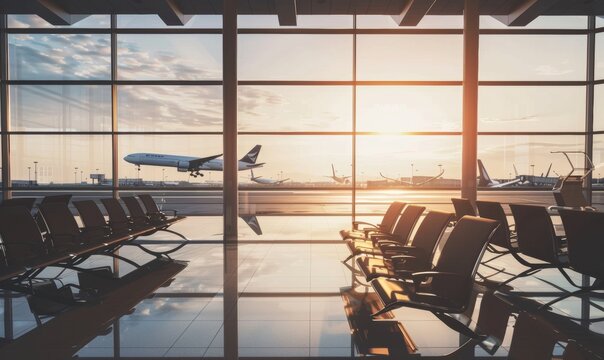 aeropuerto futurista. ventana y avi&oacute;n despegando