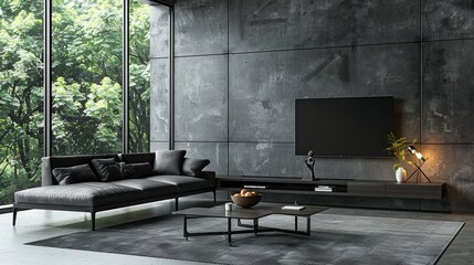 Luxurious Living Room with Expansive Windows, Grey Sofa, and Stunning Outdoor Views