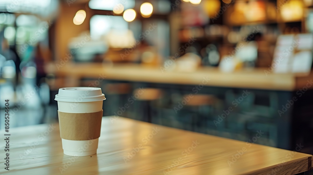 Poster Empty coffee table over defocused coffee shop background with copy space : Generative AI