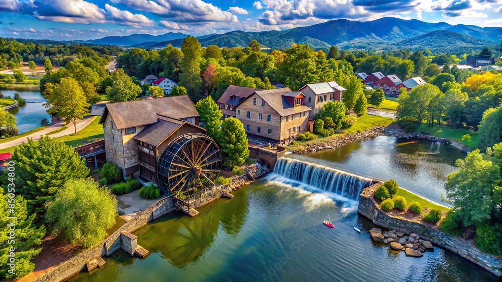 Wall mural scenic aerial view of historic island and nature mill in pigeon forge and sevierville tennessee, pig - Wall murals
