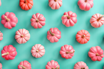 Obraz premium Pink pumpkins on turquoise background