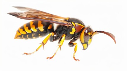 Detailed close-up of a wasp on white background, showcasing vivid colors and intricate anatomy. Isolated studio shot highlights nature's beauty