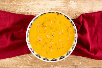 Baroa potato shredded chicken breast soup with herbs and spices