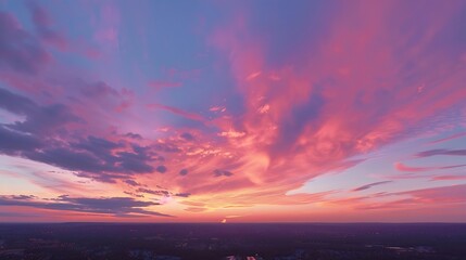 Ideal for Sky replacement project Panoramic colorful pinkorangeblue dramatic sky with clouds  illuminated by red sunset aerial photography far horizon without obstacles : Generative AI