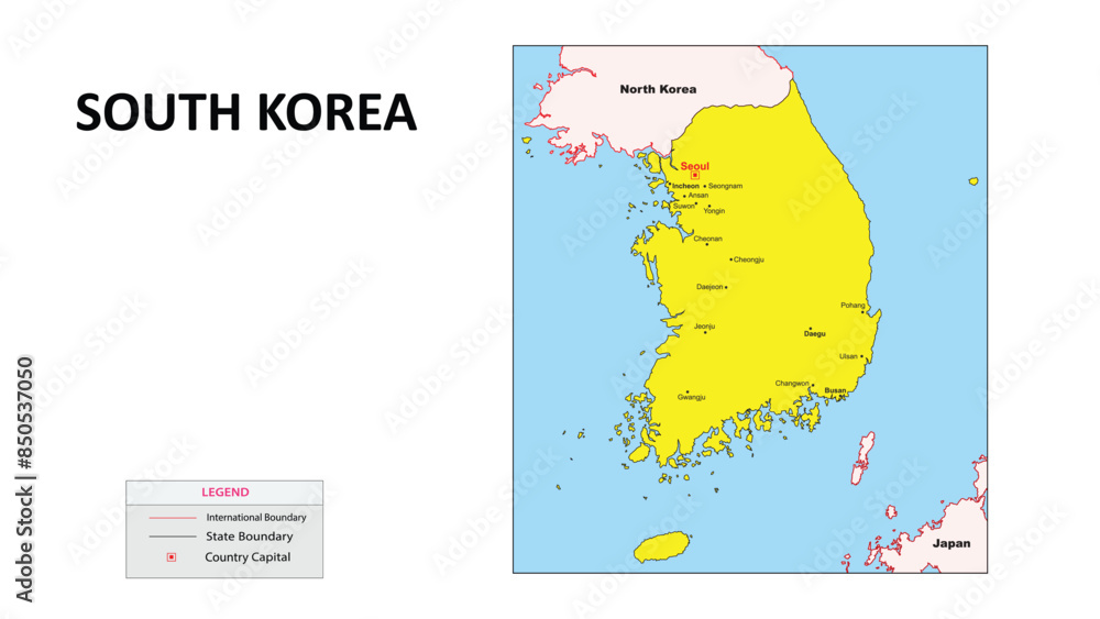 Wall mural south korea map. major city in south korea. political map of south korea with border and neighbourin