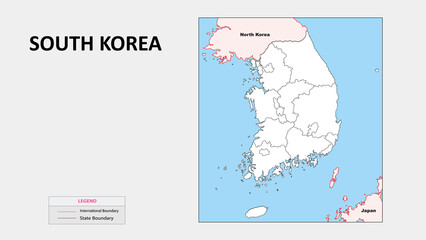 South Korea Map. States map of North Korea. Political map of South Korea with outline and black and white design.
