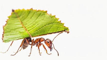 Leafcutter ant demonstrating strength and determination by carrying a large green leaf on a white background, highlighting teamwork and hard work in the ant colony