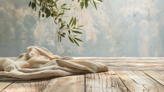 Natural wooden table and organic cloth with olive tree plant Product placement mockup design background Outdoor tropical summer scene with rustic vintage countertop display : Generative AI