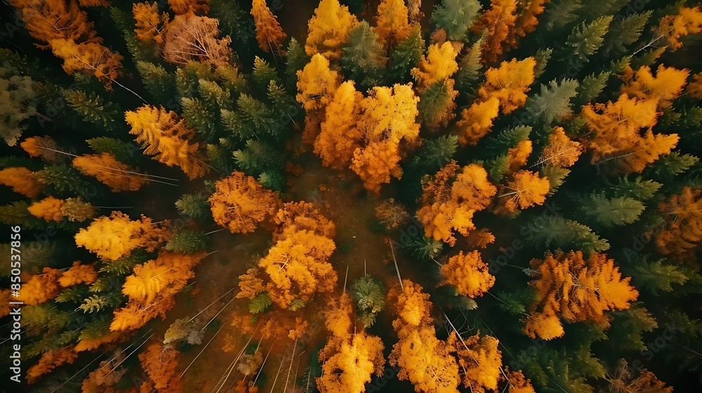 Poster top down view of autumn forest fall woodland aerial shot drone fly over pine trees and yellow treeto