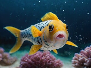 Naklejka premium Colorful fish swim in a tank filled with aquatic plants