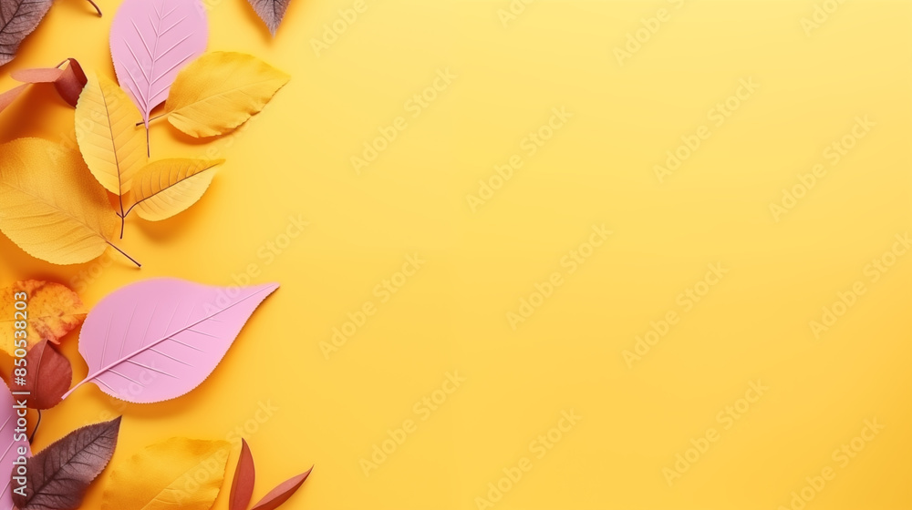 Poster Autumn Leaves on Yellow Background