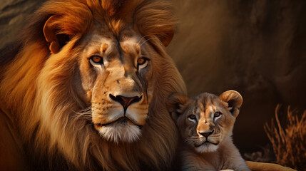 Father and Cub Lions in Warm Light