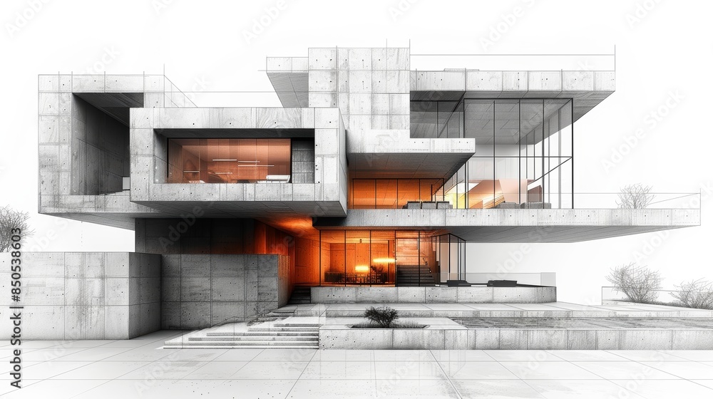 Poster modern architectural sketch of an abstract asymmetric concrete building