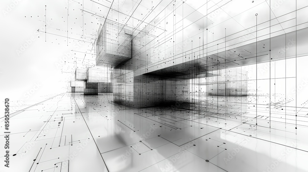 Poster abstract asymmetric architectural sketch with geometric linear patterns on white background