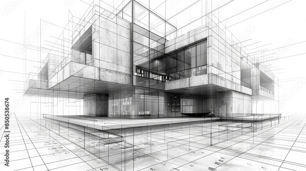 Poster abstract architectural sketch of modern asymmetric building design