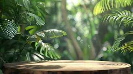 Wood podium table top outdoors blur green monstera tropical forest plant nature backgroundBeauty cosmetic healthy natural product placement pedestal displayspring or summer jungle para : Generative AI