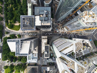 Aerial view of modern skyscrapers with the bustling city in Frankfurt main, Germany