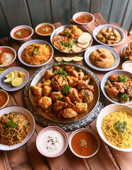 traditional dishes such as biryani, kebabs, samosas, and desserts like baklava and maamoul, all beautifully arranged on the dinner table