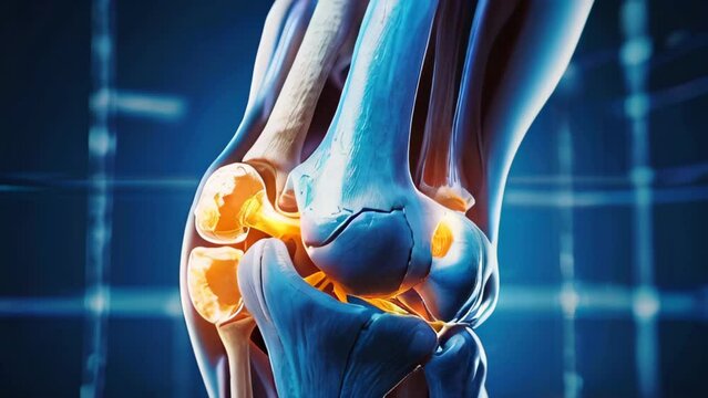 knee joint pain. bones and cartilage with bright yellow highlights on connective areas. background is a deep blue, emphasizing the anatomical details and the structure of the joint