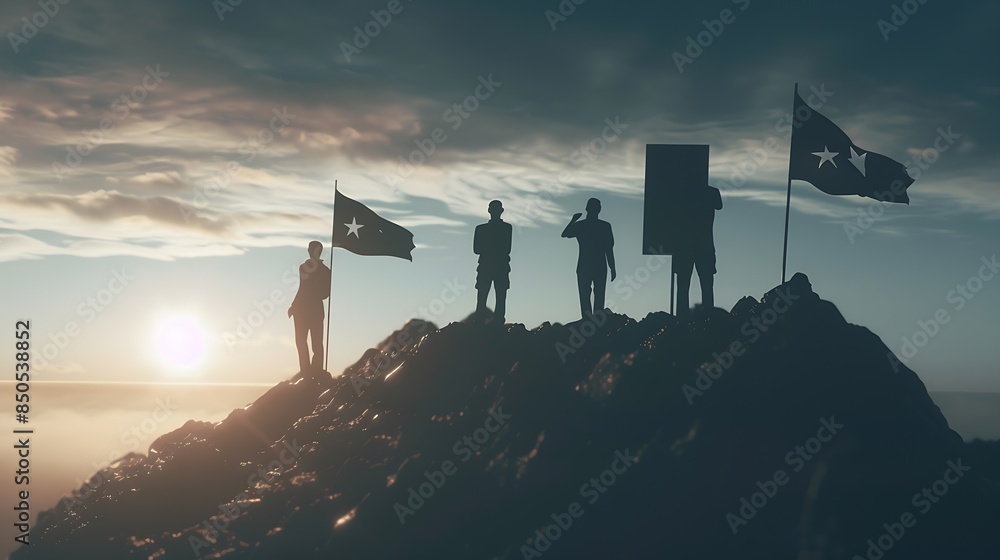 Poster Goal setting towards planning for the future Silhouettes of group businessmen holding target boards with flags planted on a mountain Concept of a clear planning process and teamwork : Generative AI