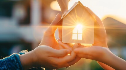 The familys hands are holding a paper house at sunset the sun is shining through the window The symbol of the house happiness The concept of building a house for the family Dream to bu : Generative AI