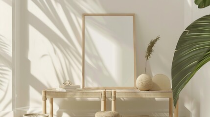 Spring composition of living room interior with mock up poster frame rattan sideboard wooden bench vase with leaves and personal accessories Home decor Template : Generative AI