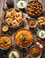 traditional dishes such as biryani, kebabs, samosas, and desserts like baklava and maamoul, all beautifully arranged on the dinner table