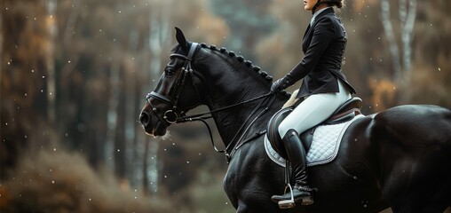 Equestrian riding a black horse in a forest