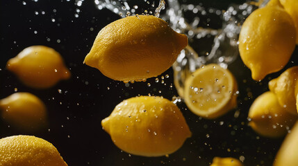 a group of lemons falling into the air