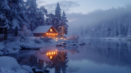 Obraz premium Cozy cabin by a snowy lakeside at dusk