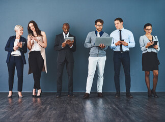 Obraz premium Group, mobile and tech in row, hr and company for job opportunity, employment or contract. Business people, tablet and laptop in communication for growth, career in human resources in office