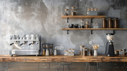 Seat and wooden counter with coffee equipment and wooden shelf on rough cement wall design for cafe or home : Generative AI